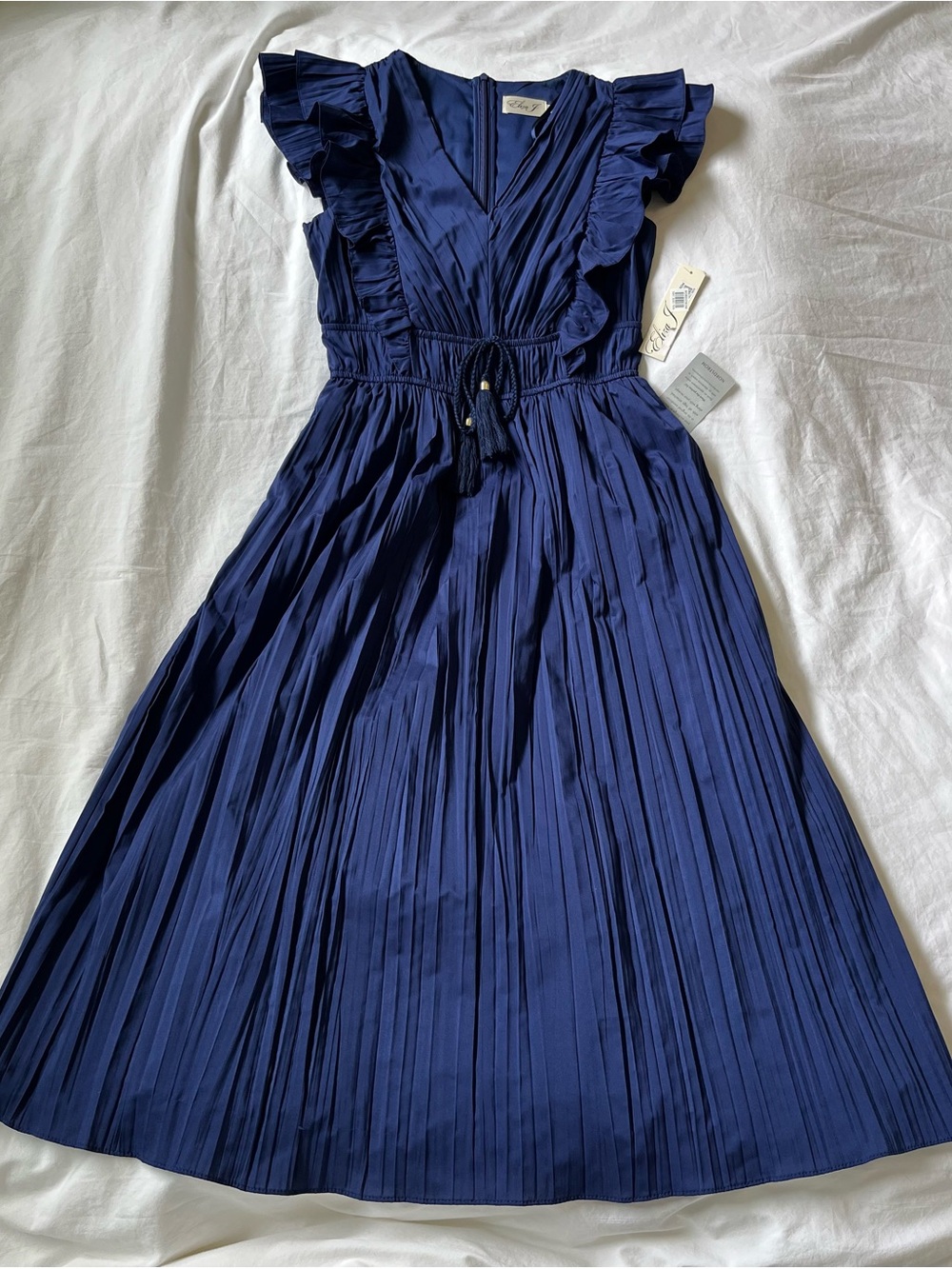 NWT Eliza J Navy Pleated Midi Dress with Ruffle Sleeves, size 4